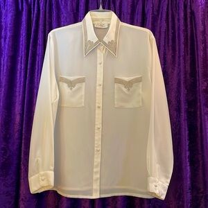 Kathy Che vintage white button up blouse silver embroidered detailing women XL